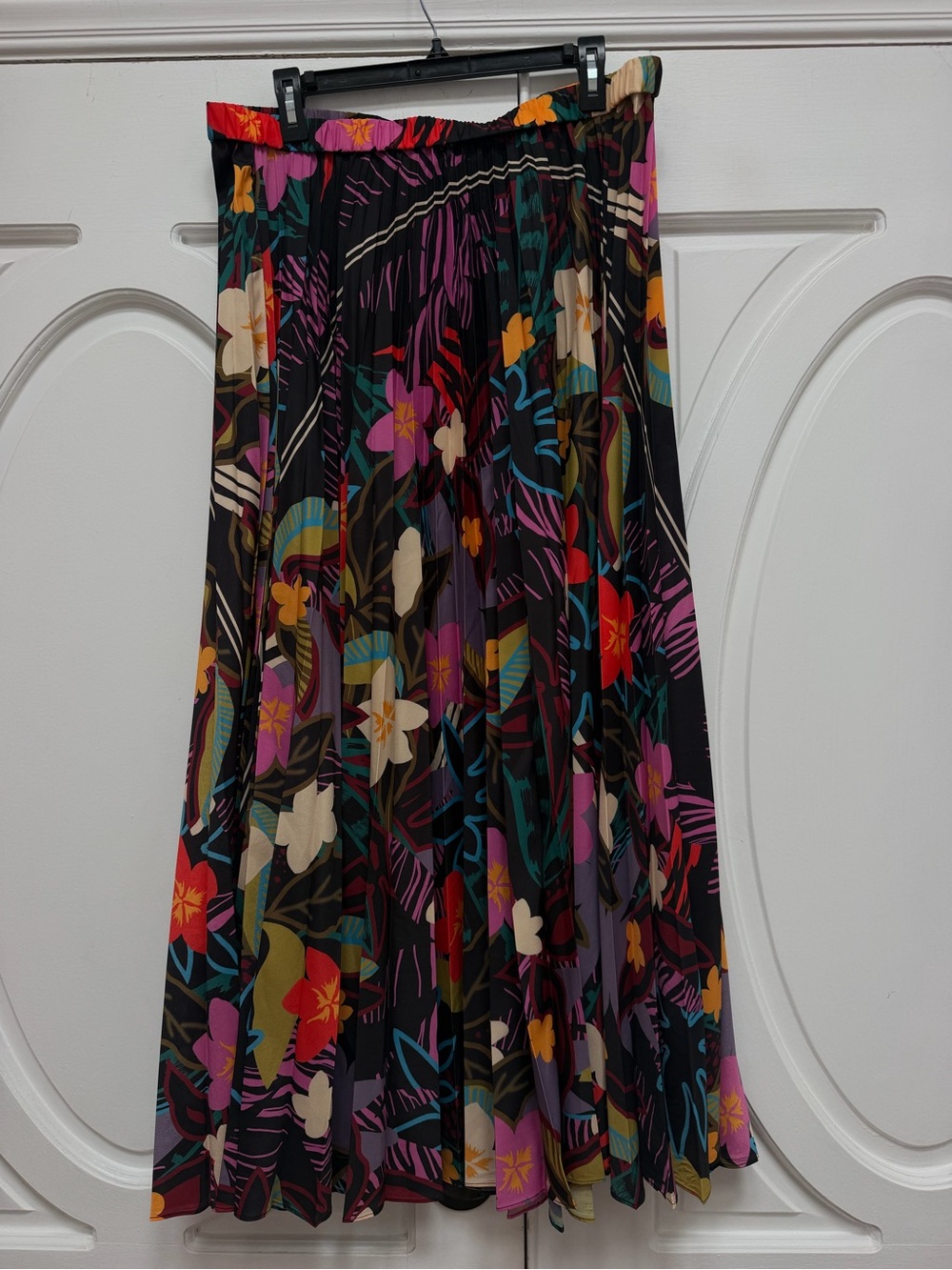 Johnny Was Black Floral Print Pleated Midi Skirt